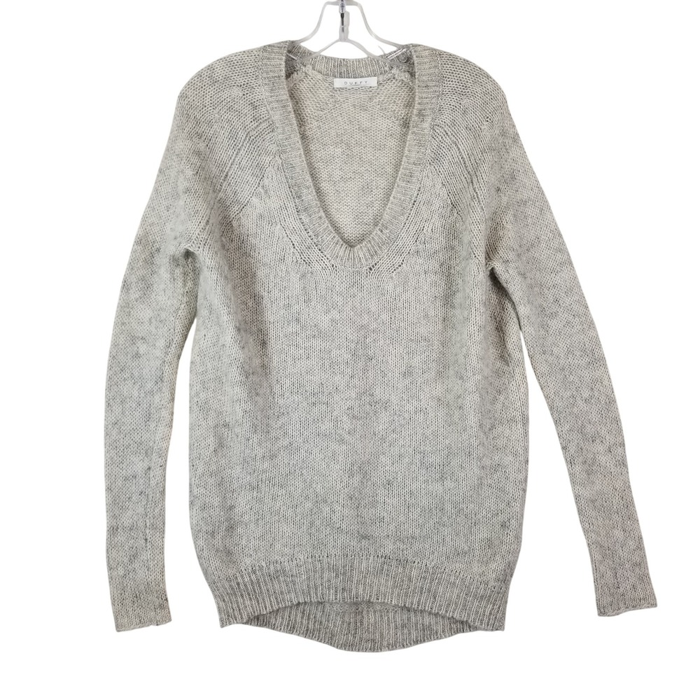 Duffy‎ V-Neck Sweater Womens XS Grey Wool Mohair Cashmere Blend Marled Knit